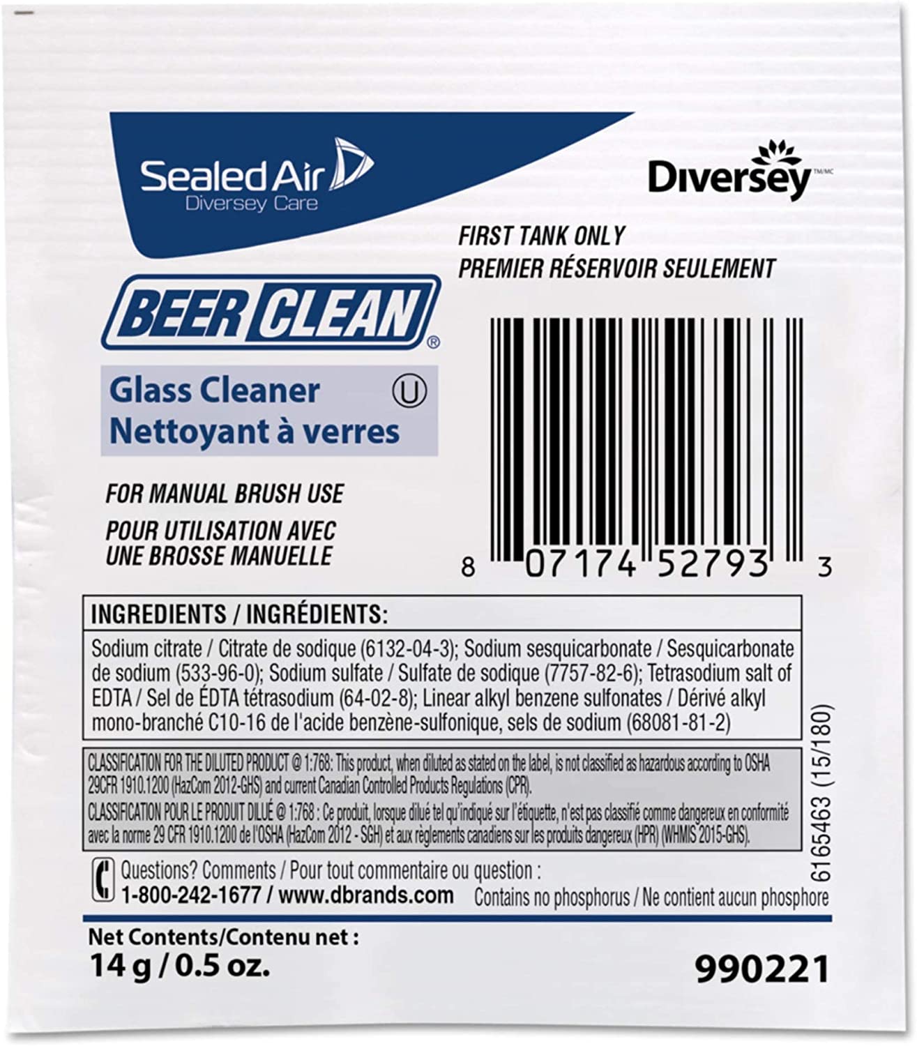BEER CLEAN 990221 Glass Cleaner for Manual Brushing\ Restaurant Barware & Glass Cleaning System\ Powder Packets\ 0.5-Ounce (1 Packet)