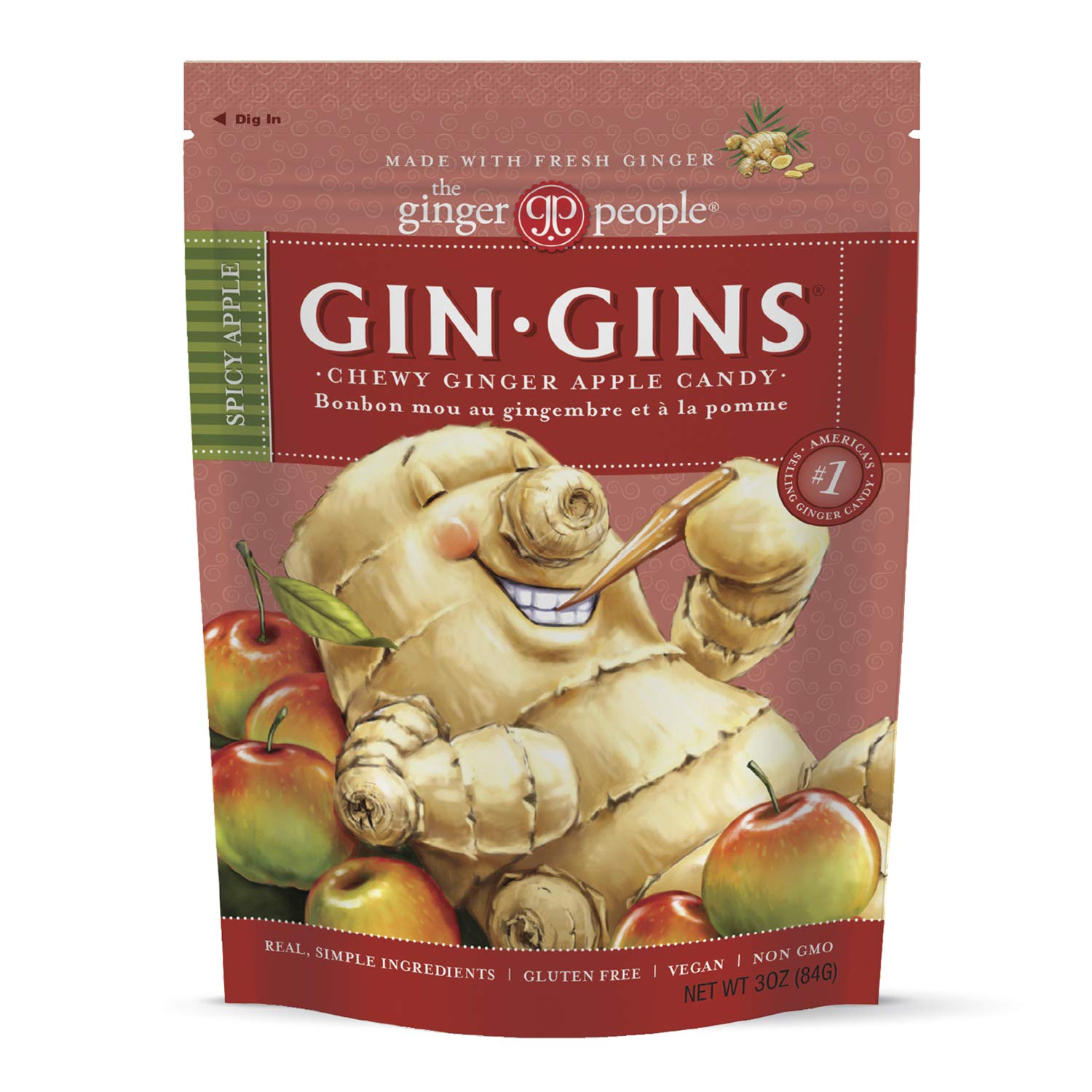 GIN GINS Spicy Apple Ginger Chews by The Ginger People – Individually Wrapped Healthy Candy – 3 oz Bag – Pack of 1