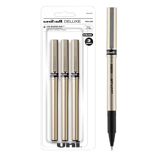 Uniball Deluxe 0.7mm Fine Point Rollerball Pen, 3 Black - Smooth Writing, Waterproof Ink, Office Supplies, Ballpoint Pen