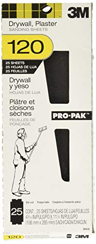 3M Pro-Pak Drywall Sanding Paper, 25 Sheets, 120 Grit, 4.2 in x 11.25 in, Pre-Cut Sheet Fit Most Drywall Sanding Tools, Heavy-Duty Paper Backing Resist Tearing, Resist Clogging For Longer Life (99430)