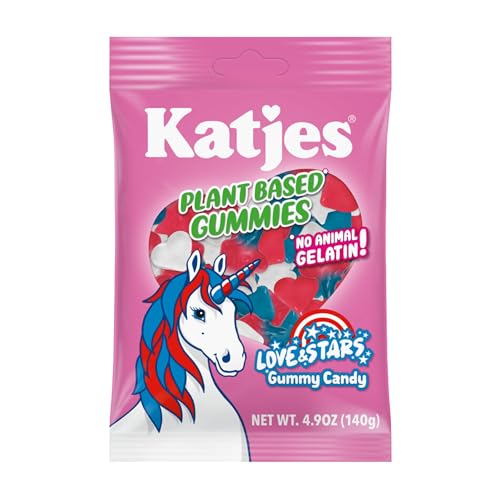 Katjes Plant Based Love & Stars Gummy Candy - Strawberry, Orange & Cherry Flavored Gummy Snacks - Palm Oil Free Chewy Candy Snack - No Animal Gelatin- No High Fructose Corn Syrup, 4.9oz Reseasable Bag