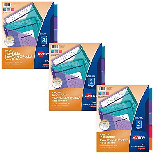 Avery Big Tab Insertable 2 Pocket Dividers for 3 Ring Binders, 5-Tab Sets, Two-Tone Multicolor, 3 Binder Divider Sets (34773)