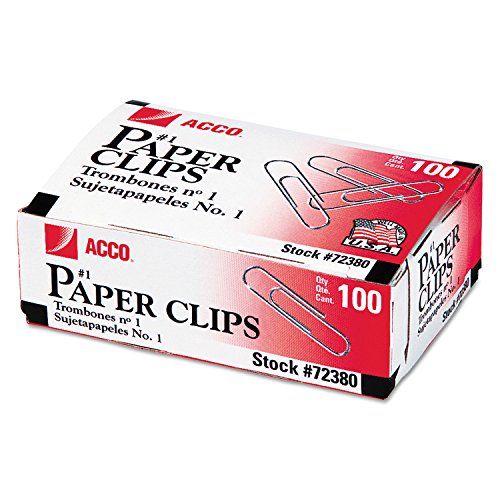 Acco 72380 Smooth Standard Paper Clips\ Size 1\ 100/Box\ Silver\ 10 Boxes/PK