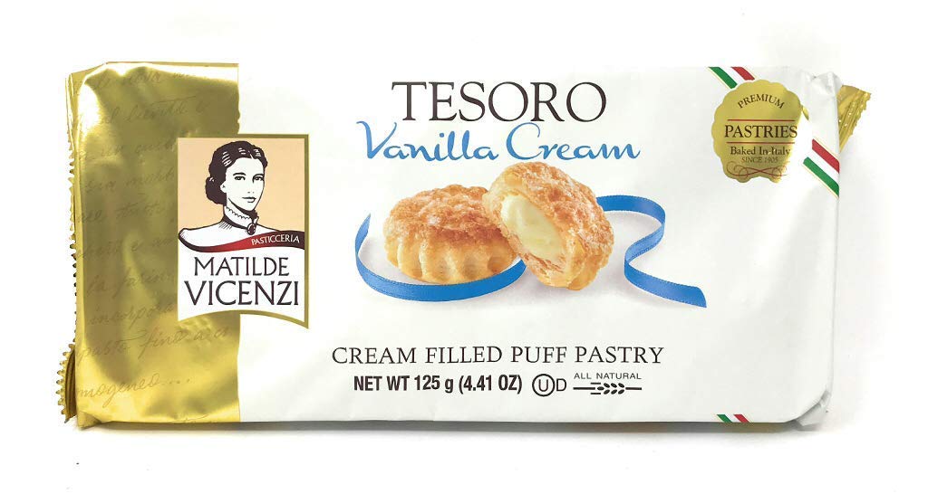 Matilde Vicenzi Tesoro Vanilla Cream, Vanilla Cream Filled Puff Pastry Patisserie, Dairy, Kosher, Fresh Pastries Made in Italy, 4.41oz (125g)