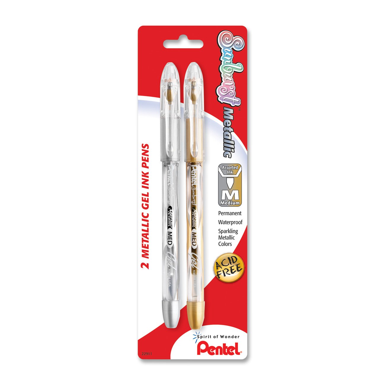 Pentel Sunburst Metallic Gel Pen, Medium Line, Permanent Gold and Silver Ink, 2 Pack (K908MBP2XZ)