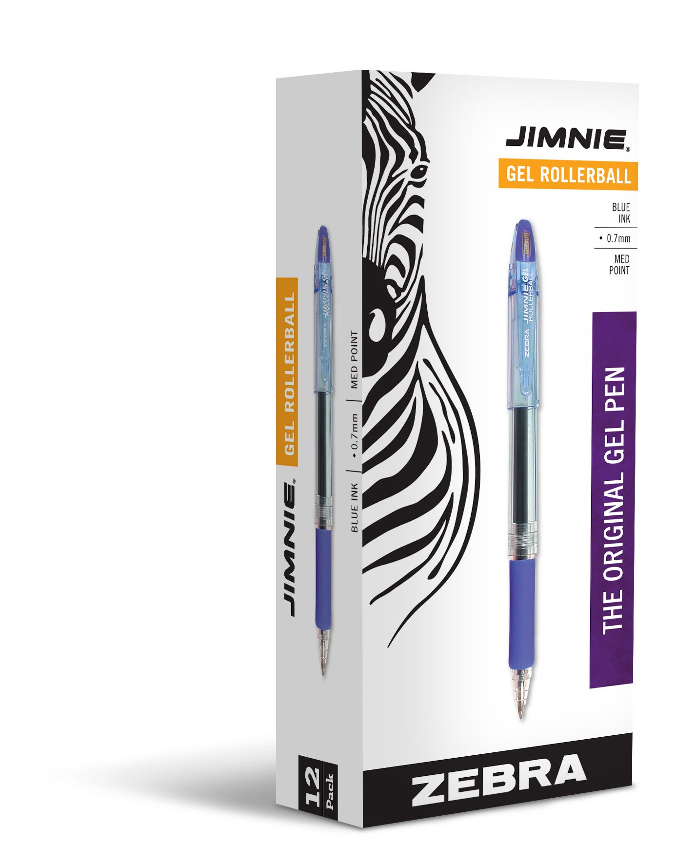 Zebra Pen Jimnie Roller Ball Stick Gel Pen, Blue Ink, Medium Point, 0.7mm, 12-Count (44120)