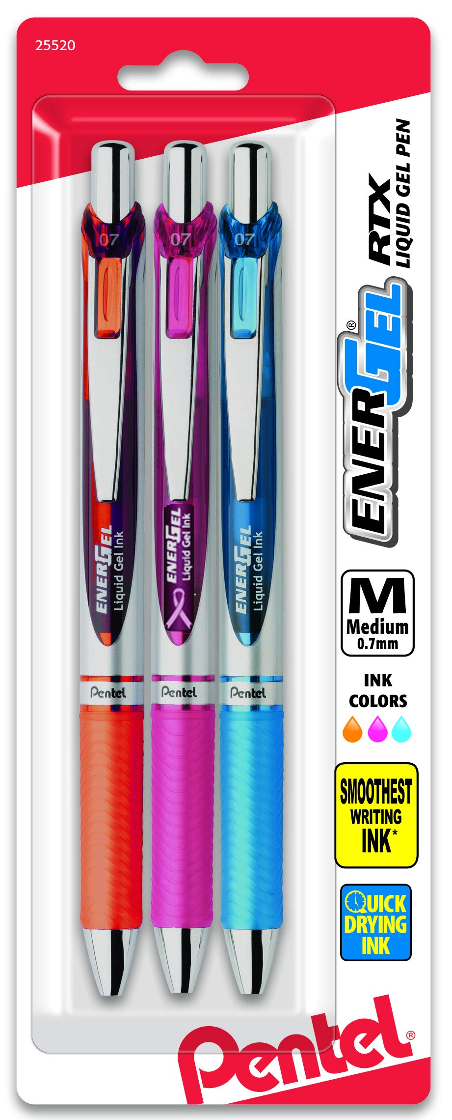 Pentel EnerGel Deluxe RTX Retractable Liquid Gel Pen, Medium Line, Metal Tip, Assorted Ink, 3 Pack (BL77BP3M2)