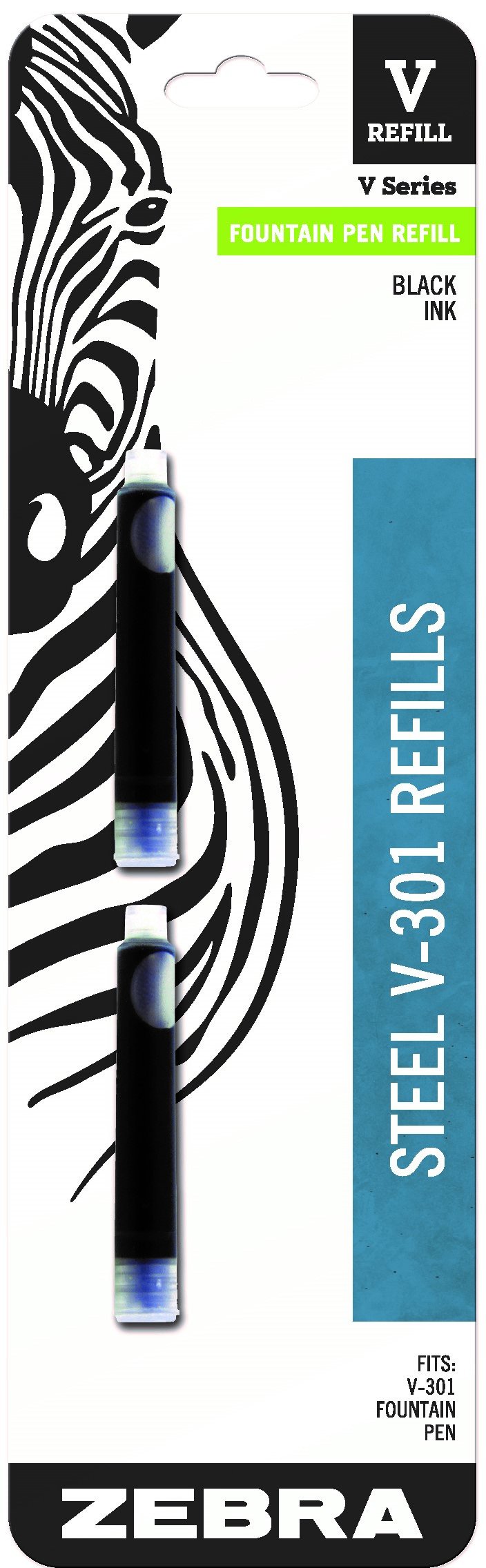 Zebra Pen V-301 Stainless Steel Fountain Pen Refill, Fine Point, 0.7mm, Black Ink, 2-Pack