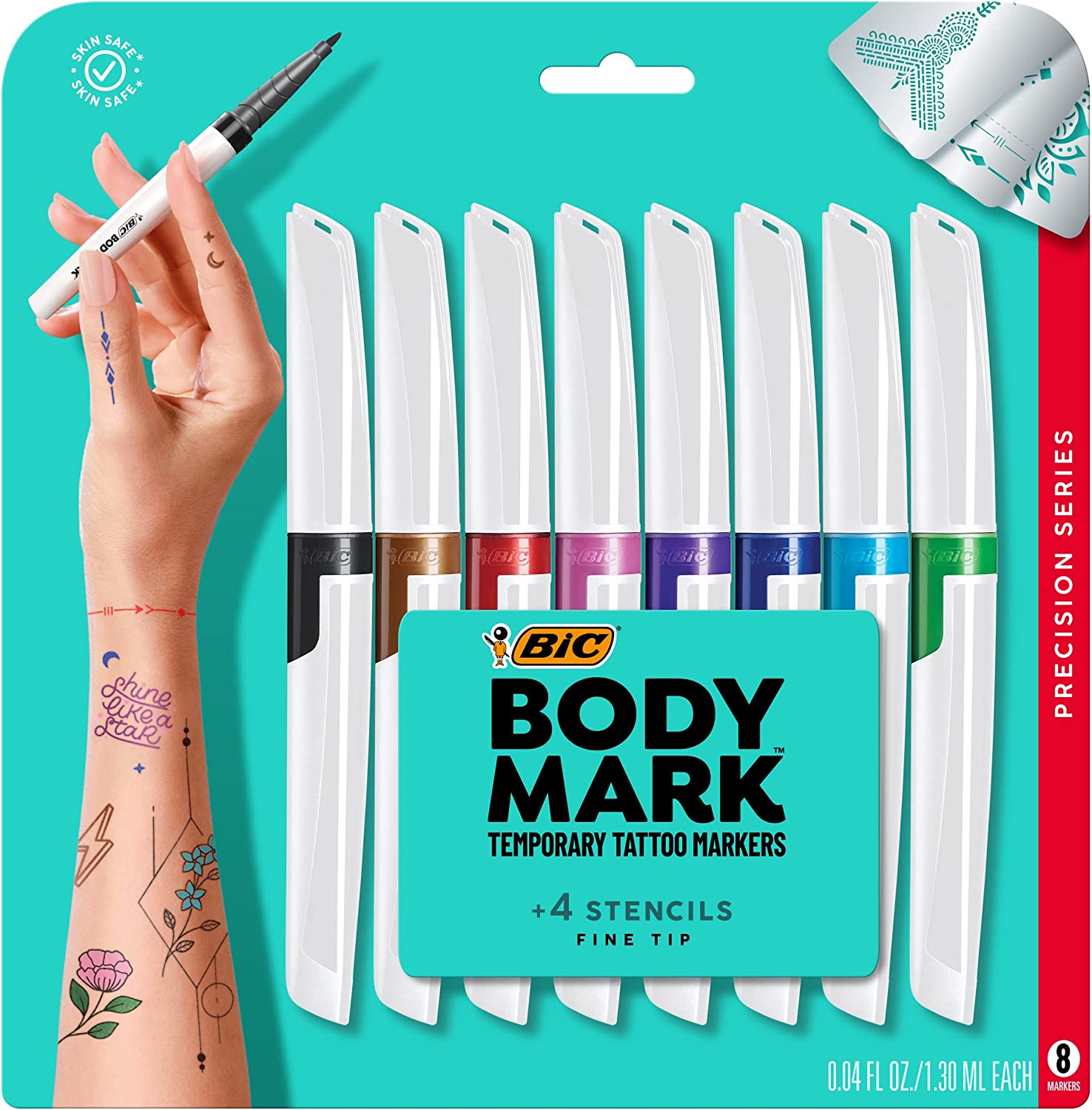 BIC BodyMark Temporary Tattoo Markers for Skin Precision Series Fine Tip 8-Count Pack of Assorted Colors Skin-Safe* Cosmetic Quality (MTBFP81-AST)