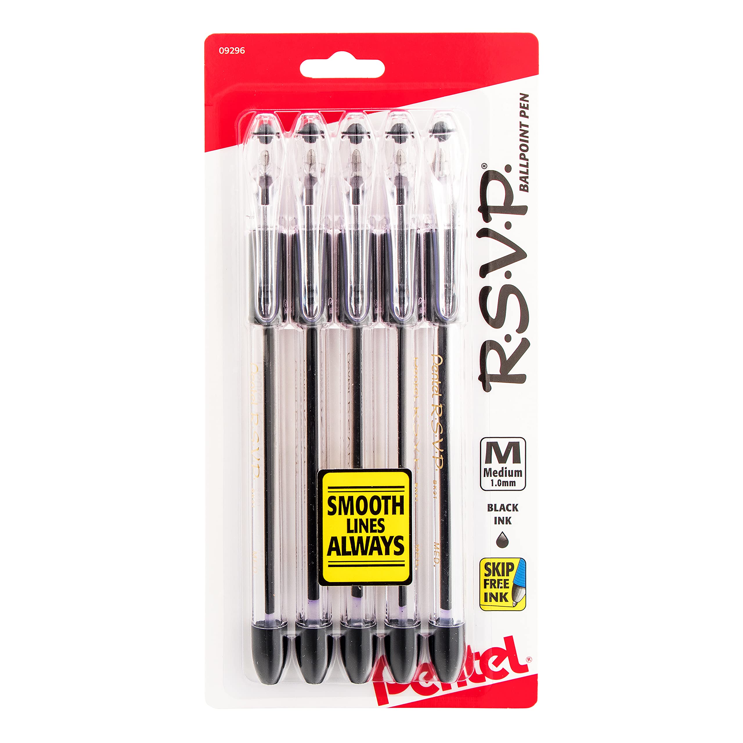 Pentel R.S.V.P. Ballpoint Pen, Medium Line, Black Ink, 5 Pack (BK91BP5A)
