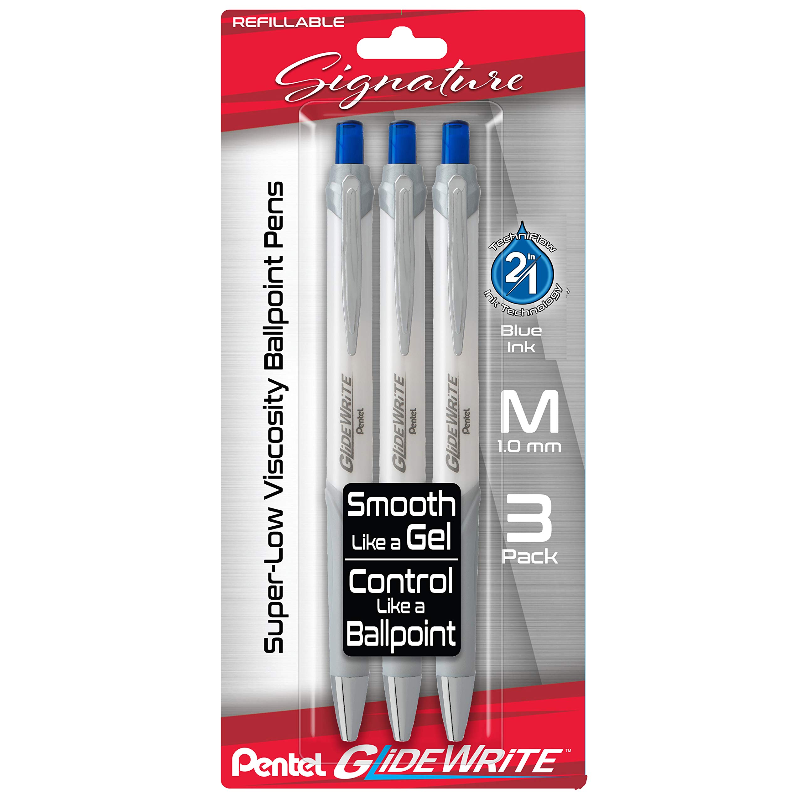 Pentel Glidewrite Signature Ballpoint Pen, (1.0mm) Medium, White Barrel, Blue Ink, 3-pk (BX930WBP3C)