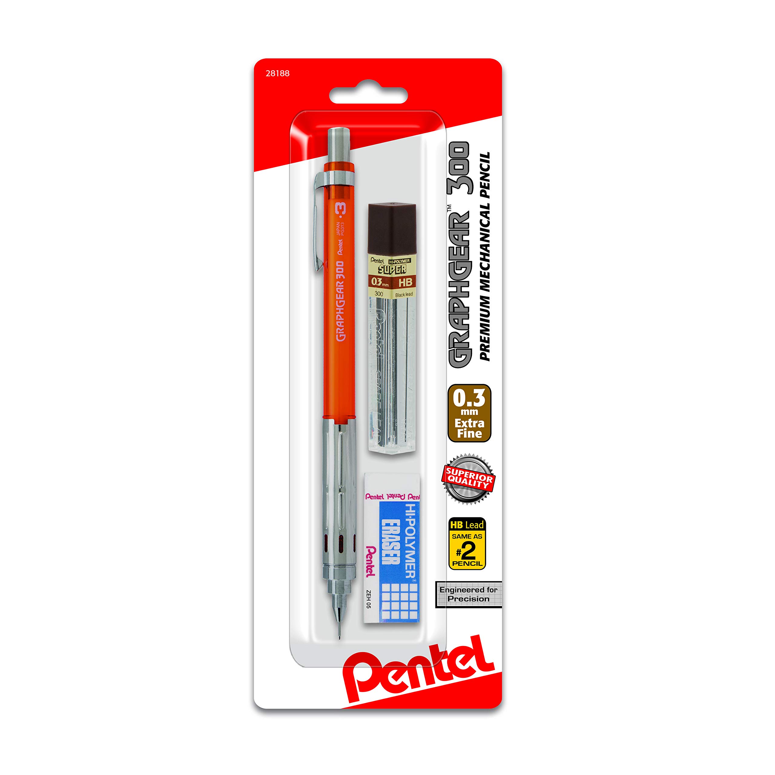 Pentel Arts GraphGear 300 Mechanical Pencil, (0.3mm) Extra-fine line, Orange Barrel, w/small block eraser + 1 lead tube