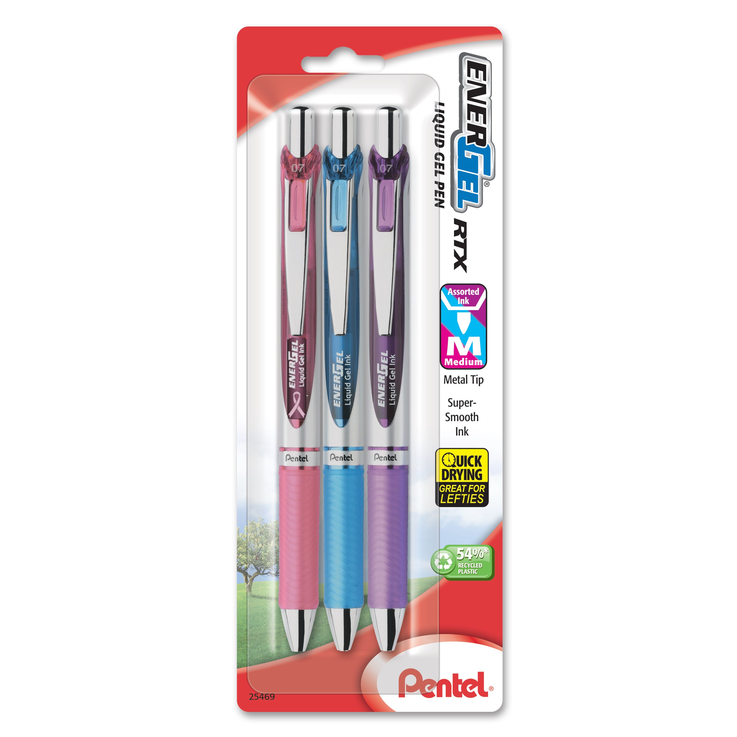 Pentel EnerGel Deluxe RTX Retractable Liquid Gel Pen, Medium Line, Metal Tip, Assorted Ink, 3 Pack (BL77BP3M1)