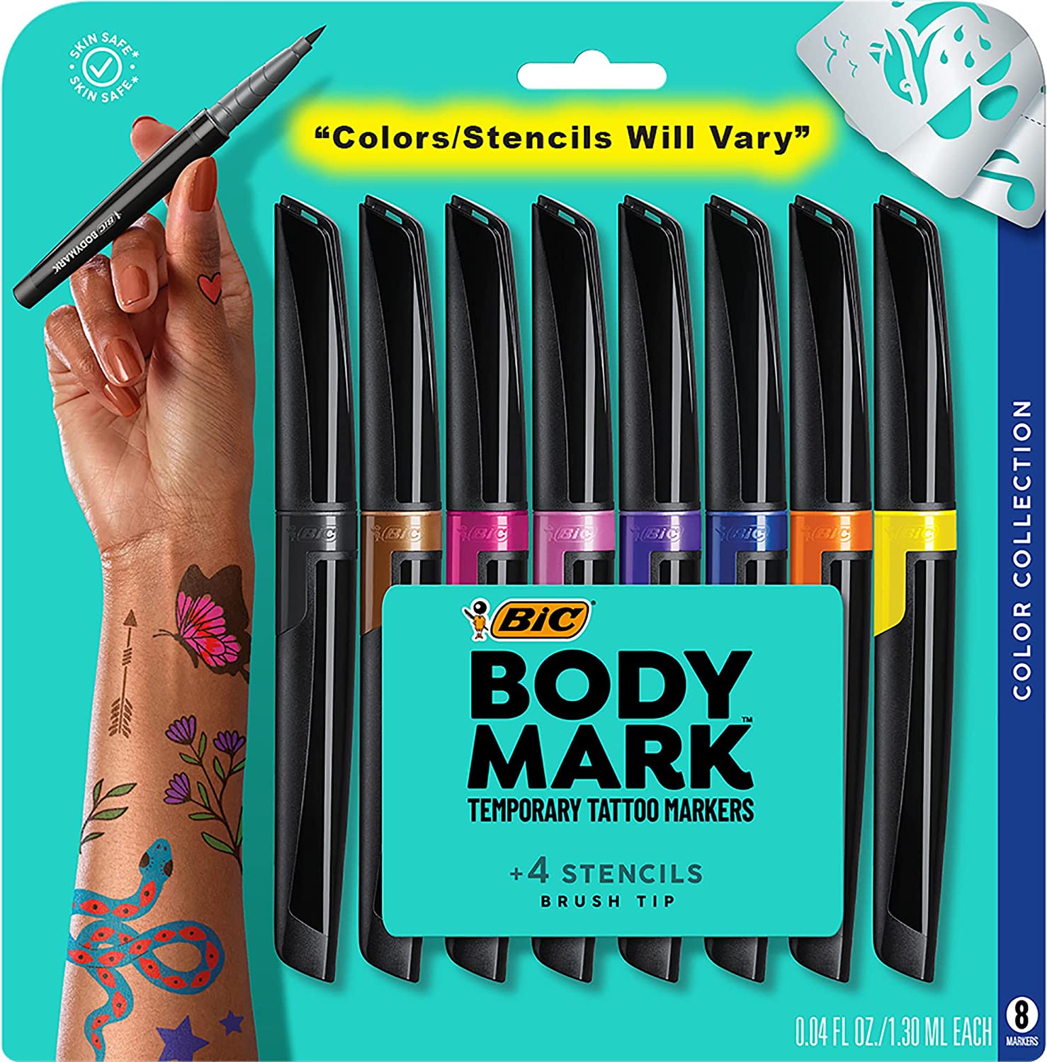 BIC BodyMark Temporary Tattoo Markers for Skin Color Collection Flexible Brush Tip 8-Count Pack of Assorted Colors Skin-Safe* Cosmetic Quality (MTBP81-AST) 1 Count (Pack of 8)