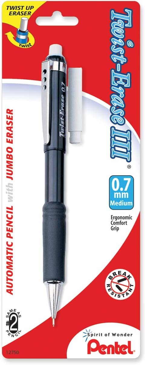 Pentel Twist-Erase III Automatic Pencil with 1 Eraser Refill\ 0.7mm\ Assorted Barrels\ 1 Pack (QE517BP-K6)