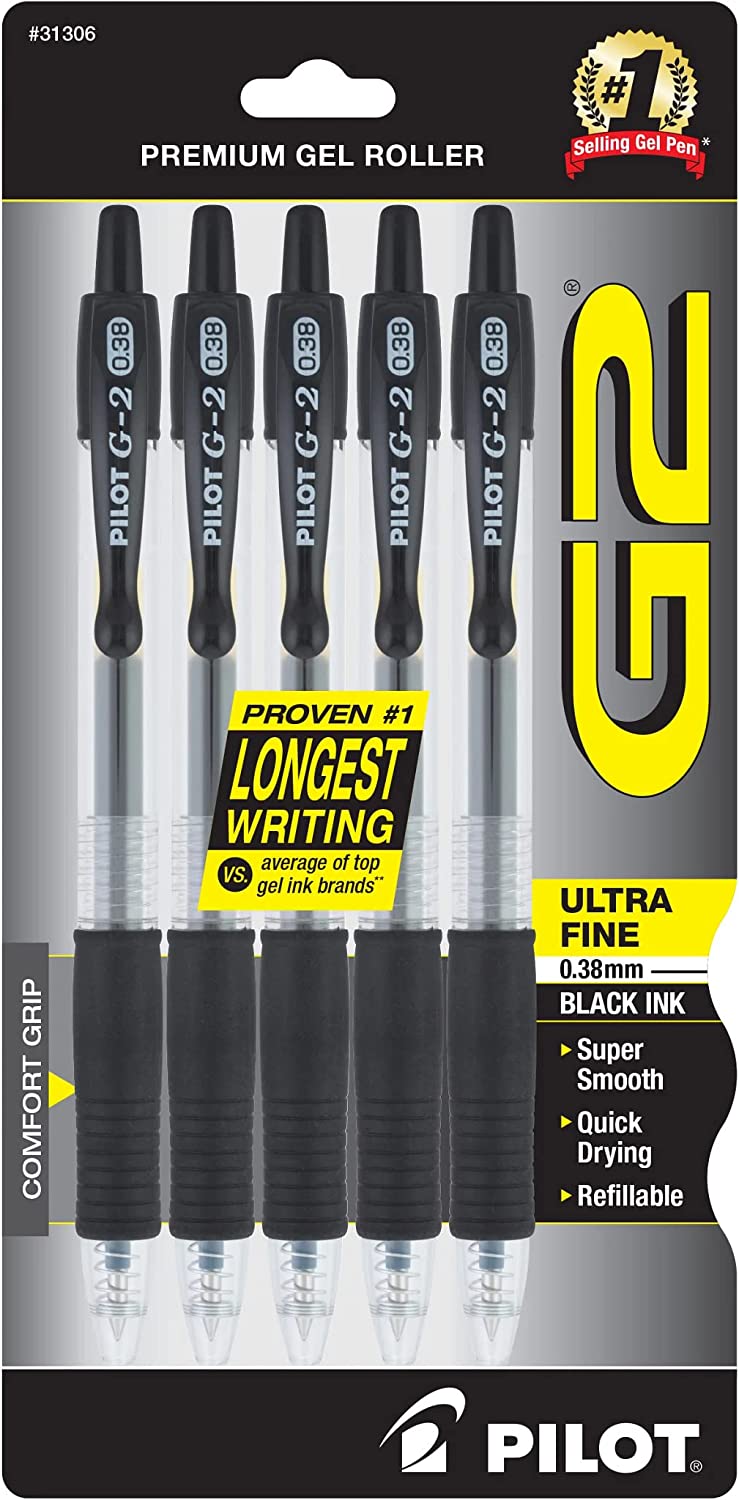 PILOT G2 Premium Refillable & Retractable Rolling Ball Gel Pens\ Ultra Fine Point\ Black Ink\ 5-Pack (31306)