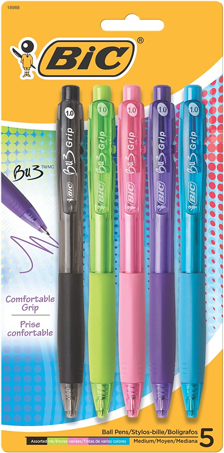BIC BU3 Retractable Ball Pen, Medium Point (1.0 mm), Assorted Colors, 5-Count