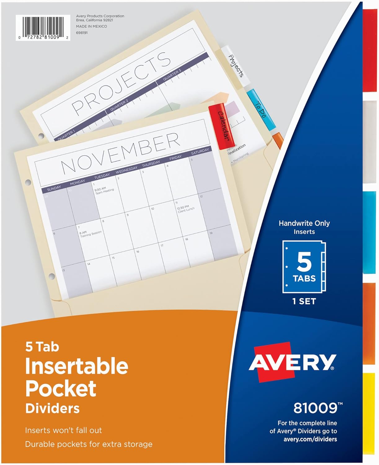 Avery Insertable Dividers with Pockets, 5 Tab Dividers for 3 Ring Binders, Manila Paper, Multicolor Tabs, Works with Sheet Protectors, 1 Set (81009)