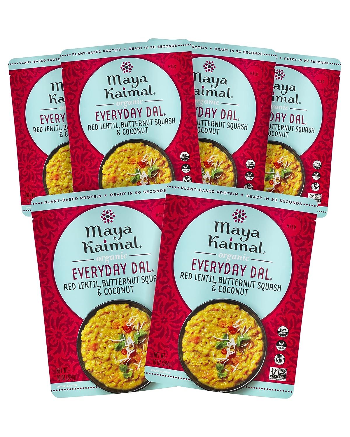 Maya Kaimal - Organic Indian Everyday Dal - Red Lentil 10oz - Fully Cooked with Butternut Squash and Coconut - Vegan - Microwavable - Ready to Eat Meals- Pack of 6