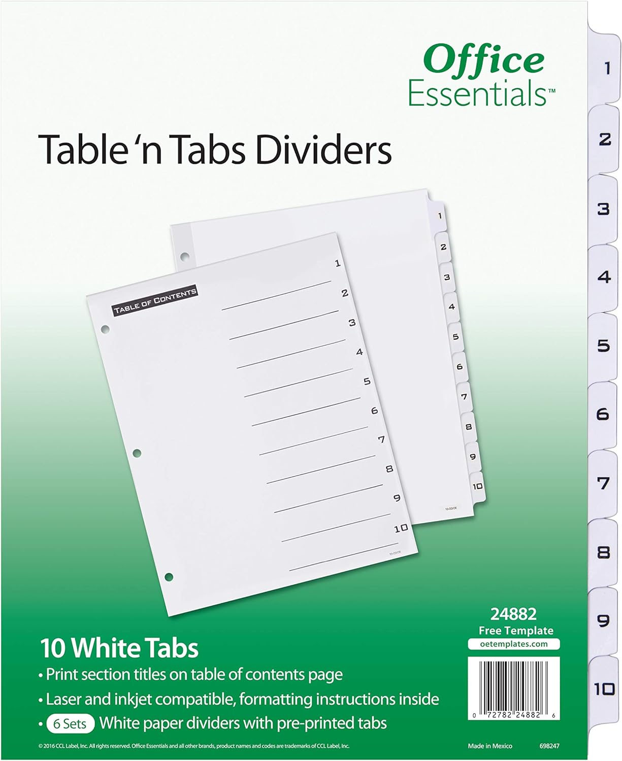 Avery Office Essentials Table 'n Tabs Dividers, 8-1/2 x 11, 1-10 Tab, Black/White Tab, Laser/Inkjet, 6 Pk (24882)