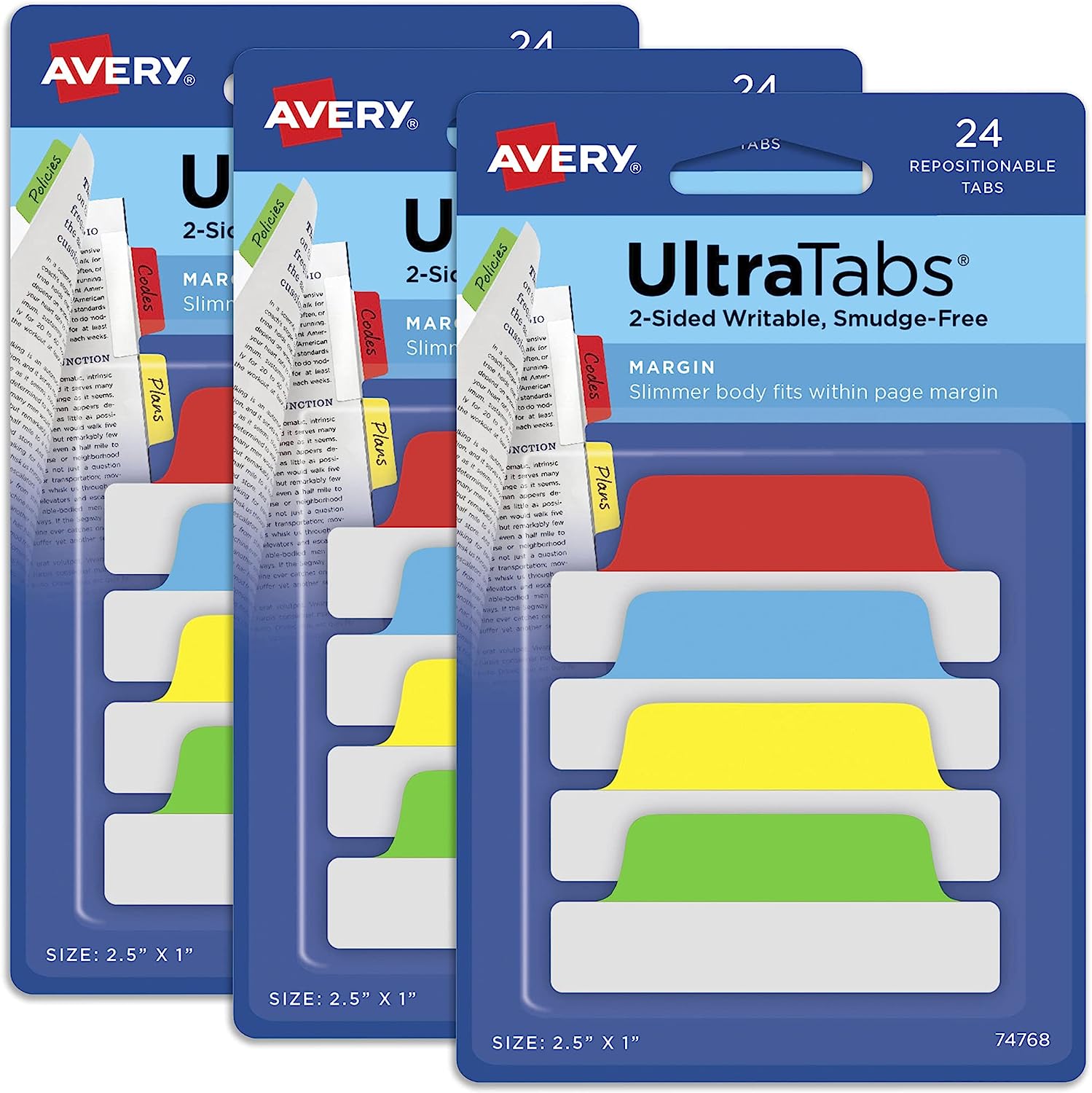 Avery Margin Ultra Tabs, 2.5" x 1", 2-Side Writable, Assorted Colors, 24 Repositionable Page Tabs (74768)