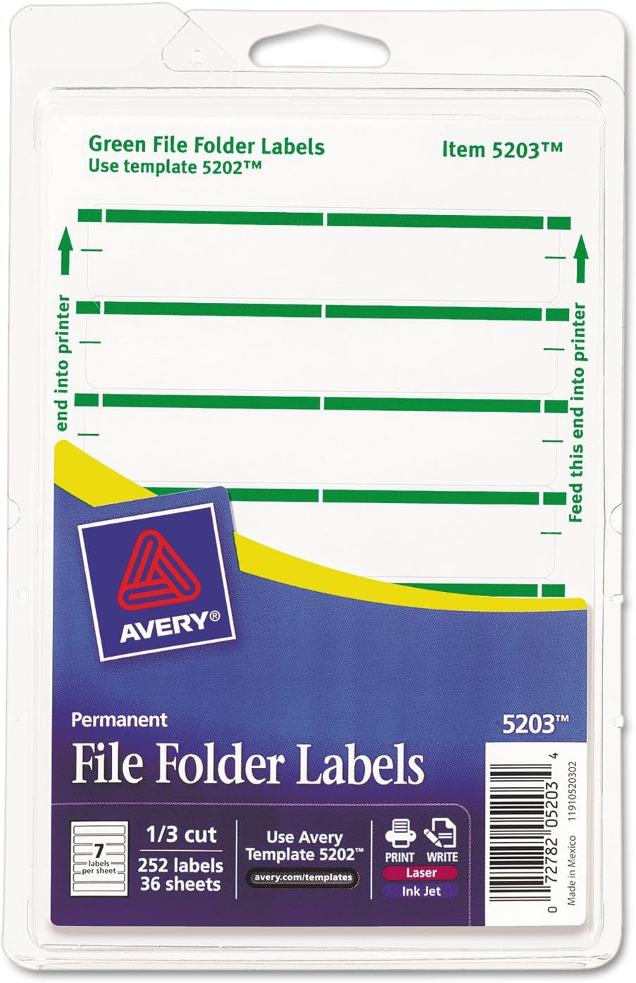 Avery 05203 Print Or Write File Folder Labels, 1/3 Cut, Green Bar, 252/Pack