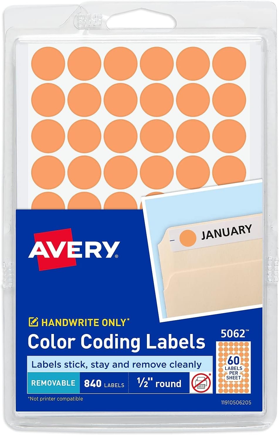 Avery 05062 Handwrite Only Removable Round Color-Coding Labels, 1/2-Inch Dia, Neon Orange,840/Pk