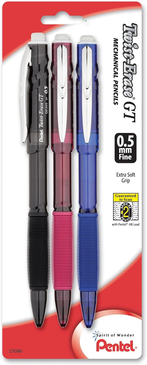 Pentel Twist-Erase GT (0.5mm) Mechanical Pencil, Assorted Barrel Colors, Color May Vary, Pack of 3 (QE205BP3M)