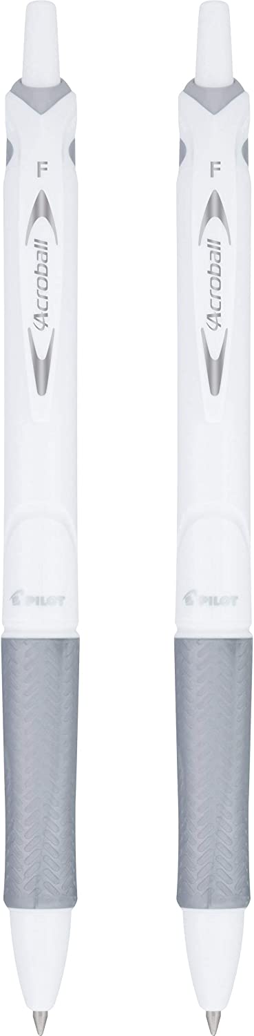 Pilot Acroball PureWhite Retractable Advanced Ink Ball Point Pens; Fine Point\ Black Ink\ Silver Accents 2-Pack (31895) Ultra-Smooth Writing\ Smear-Resistant Advanced Ink for Skip-Free Lines