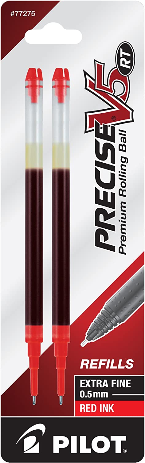 PILOT Precise V5 RT Liquid Ink Refill For Retractable Pens, Extra Fine Point (0.5mm) Red Ink, 2-Pack (77275)