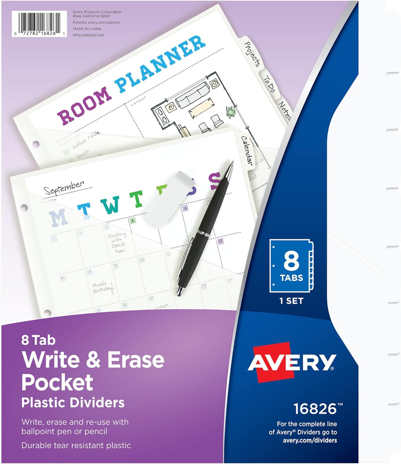 Avery Durable Plastic 8 Tab Write & Erase Dividers for 3 Ring Binders, Slash Pocket, Translucent White, Works with Sheet Protectors, 1 Set (16826)