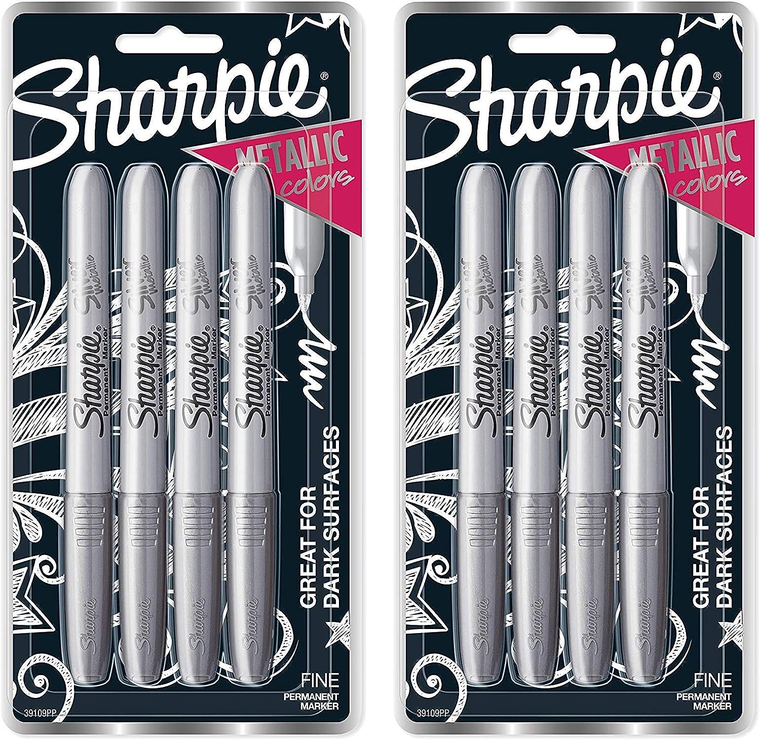 Sharpie 39109PP Metallic Permanent Markers, Fine Point, Silver, 4 Count, 2 Pac