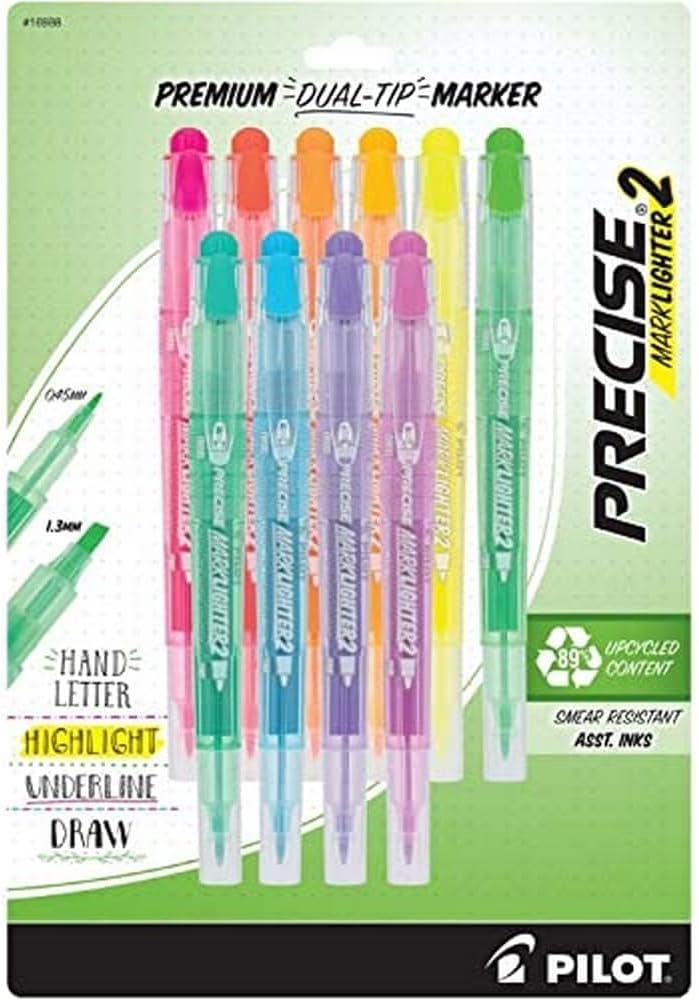 PILOT, Precise Marklighter2 Dual Tip Highlighters, Broad Chisel and Extra-Fine Bullet Point Tips, Assorted Colors, Pack of 10