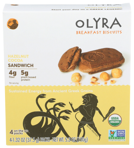 Olyra Organic Breakfast Biscuits Hazelnut Cocoa | Healthy Snacks, Low Sugar, High Fiber, Plant Based Protein Cookies (1 Box of 4 Packs)