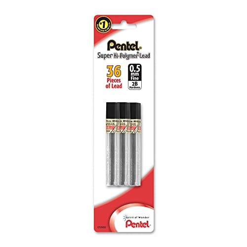 Pentel® Super Hi-Polymer® Leads, 0.5 mm, 2B, 12 Leads Per Tube, Pack of 3 Tubes