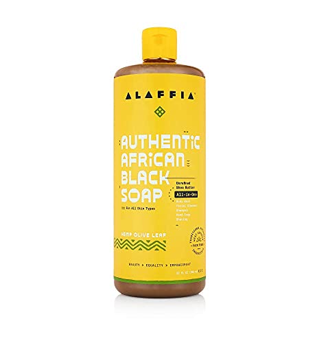 Alaffia Skin Care, Authentic African Black Soap, All in One Body Wash, Face Wash, Shampoo & Shaving Soap with Fair Trade Shea Butter, Hemp Olive Leaf 32 Fl Oz