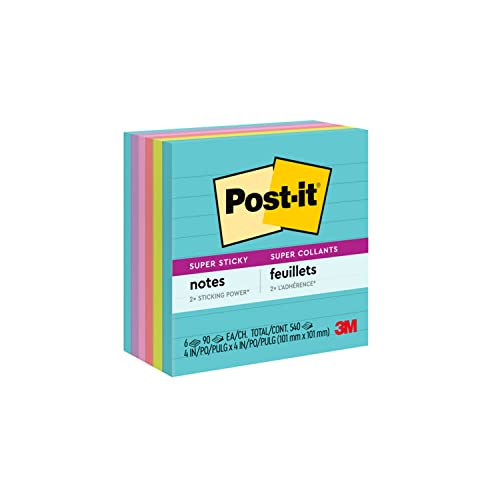Post-it Super Sticky Notes, 4x4 in, 6 Pads, 2x the Sticking Power, Supernova Neons, Bright Colors, Recyclable (675-6SSMIA)