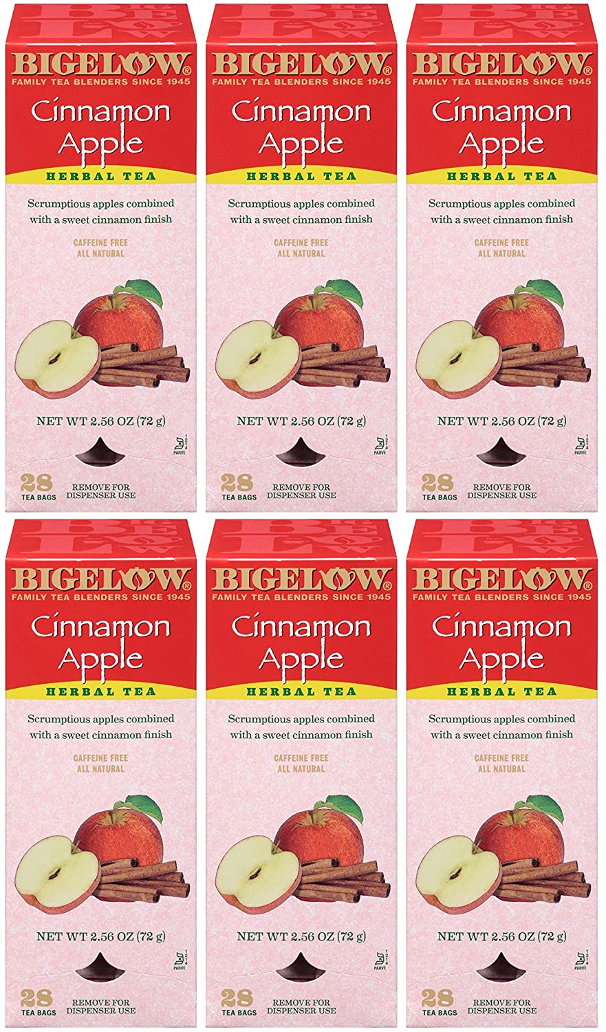 Bigelow Cinnamon Apple Herbal Tea Bags 28-Count Boxes (Pack of 6) Cinnamon Apple Hibiscus Flavored Herbal Tea Bags All Natural Non-GMO