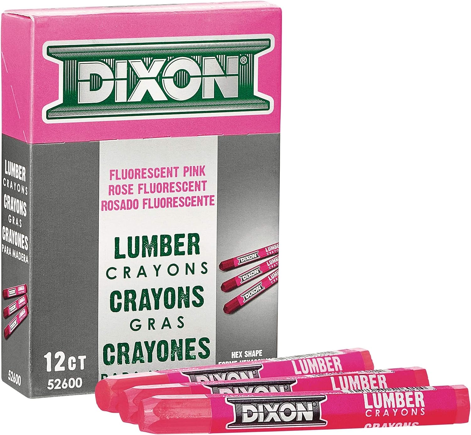 Dixon Industrial Lumber Marking Crayons, 4.5" x 1/2" Hex, Pink, 12-Pack (52600)