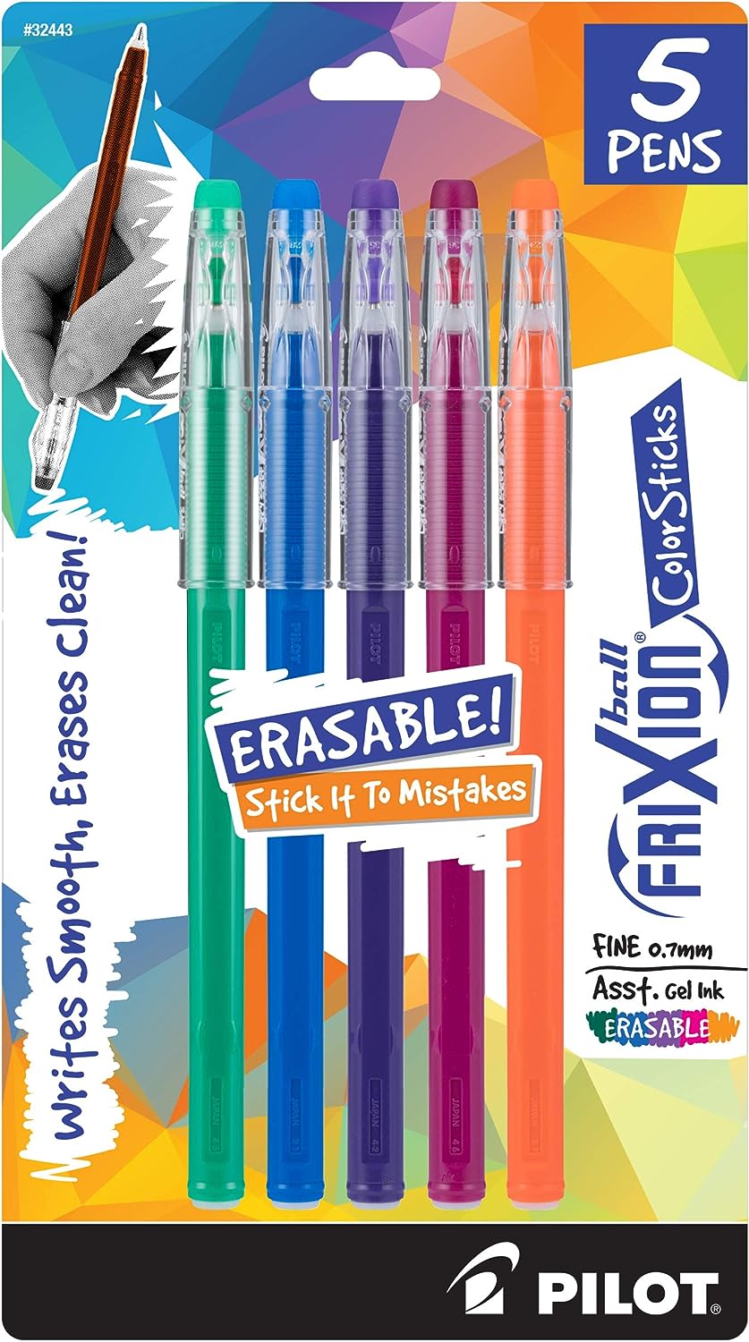 Pilot, FriXion ColorSticks Erasable Gel Ink Pens, Fine Point 0.7 mm, Pack of 5, Kelly Green, Blue, Purple, Magenta & Salmon Pink