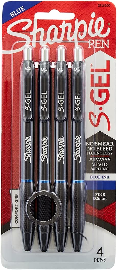 Sharpie S-Gel Retractable Gel Pen, 0.5mm Fine Point, Blue Ink, 4/Pack