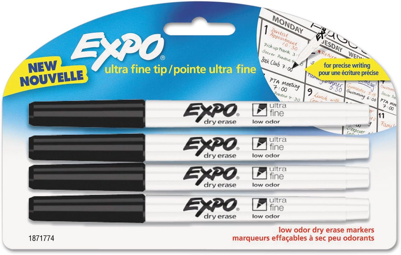 EXPO 1871774 Low-Odor Dry-Erase Marker Ultra Fine Point Black 4/Pack