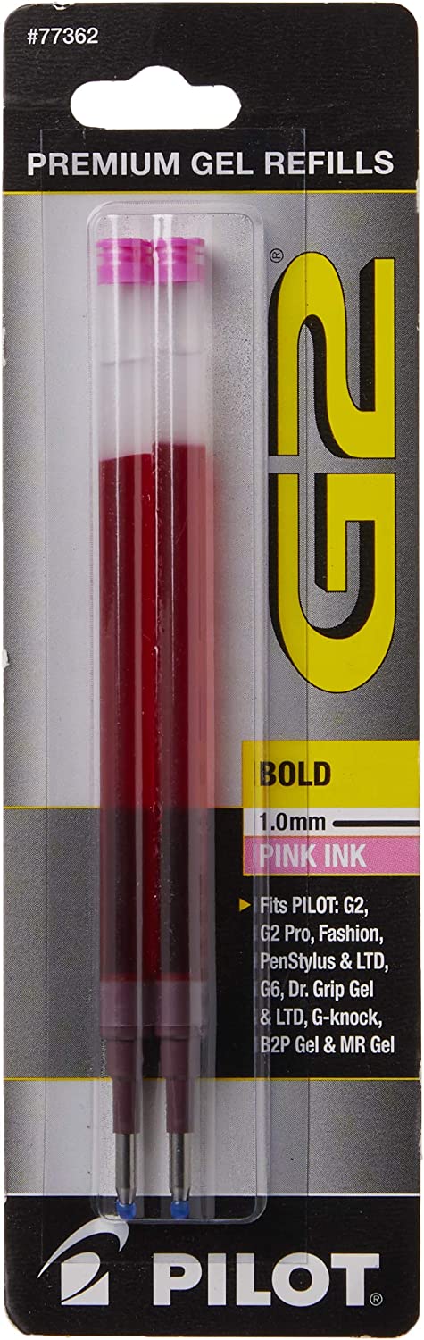 PILOT G2 Gel Ink Refills For Rolling Ball Pens, Bold Point, Pink Ink, 2-Pack (77362)
