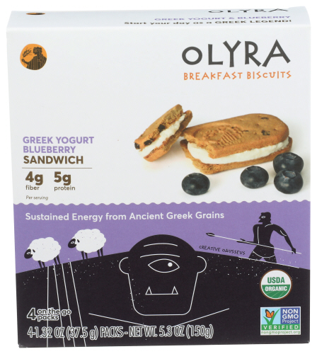 Olyra Organic Breakfast Biscuits Greek Yogurt Blueberry | Healthy Snacks, Low Sugar, High Fiber, Protein Cookies (1 Box of 4 Packs)