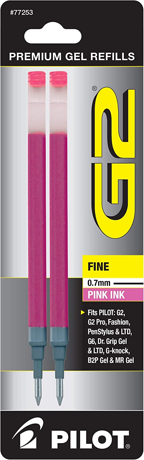 PILOT G2 Gel Ink Refills For Rolling Ball Pens, Fine Point, Pink Ink, 2-Pack (77253)