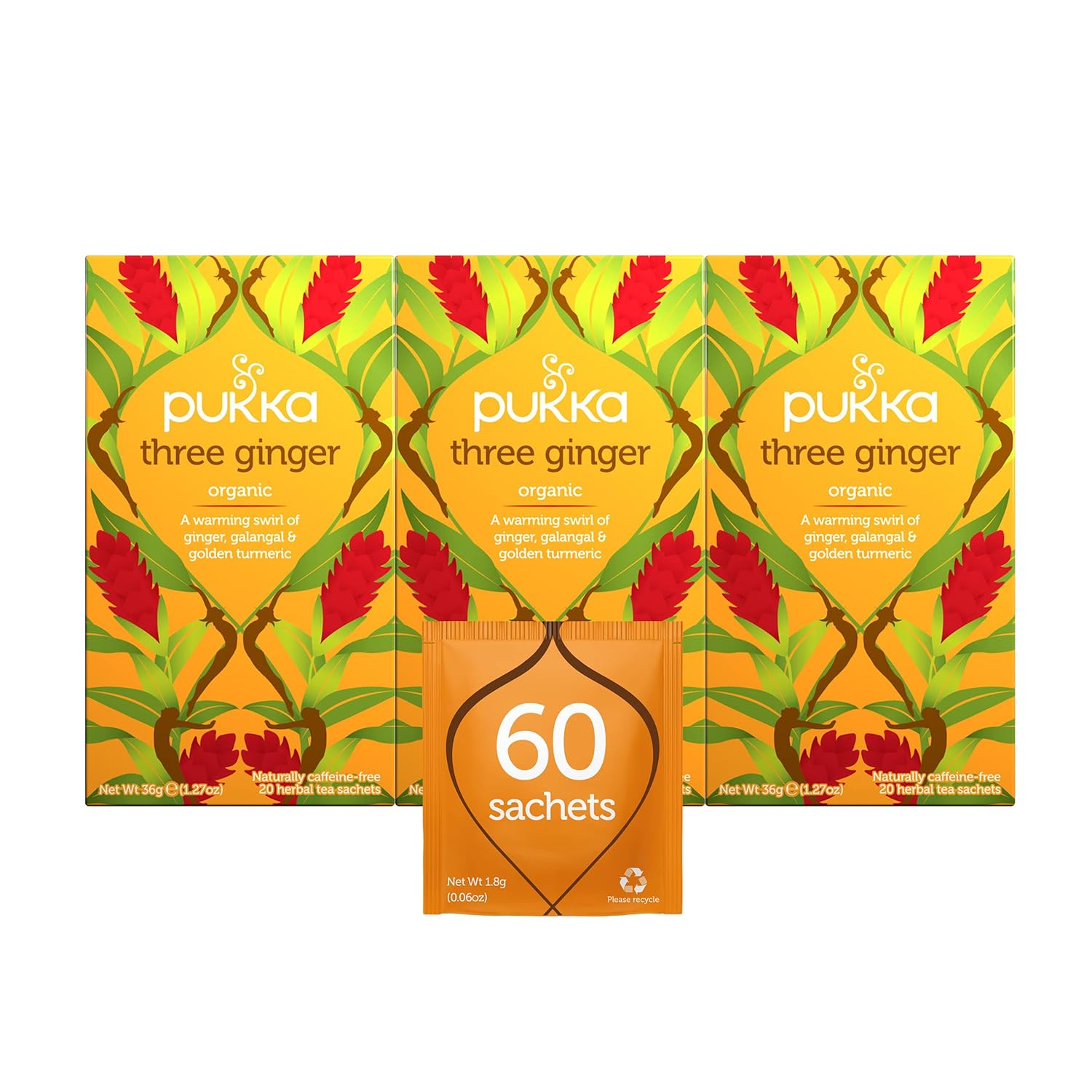 Pukka Three Ginger, Organic Herbal Tea With Turmeric & Galangal, Perfect for After Meals, 60 Tea Bags (3 Pack)