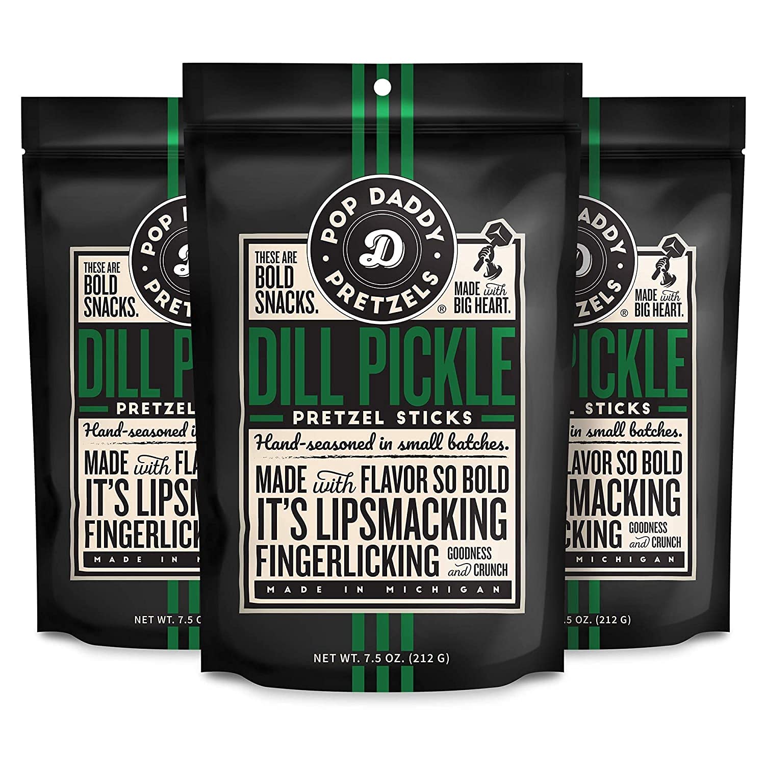 Pop Daddy Flavored Pretzels Sticks | Healthy Gourmet Pretzels Snacks | 7.5oz Individual Bags | 3 Pack | Dill Pickle