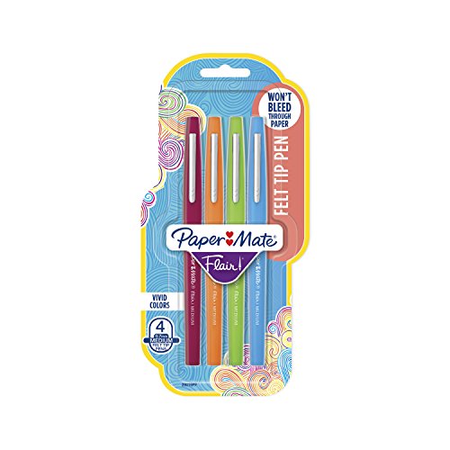 Paper Mate Flair Felt Tip Pens, Medium Point (0.7mm), Colors may vary, 4 Count