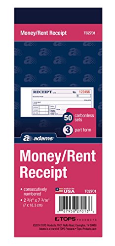 Adams Money/Rent Receipt Book\ Carbonless\ 3-Part\ 2-3/4 x 7-3/16 Inches\ 50 Sets per Book (TC2701)