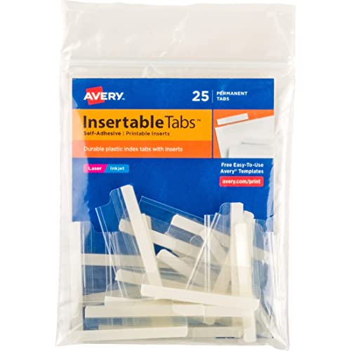 '''Avery Insertable Self-Adhesive Tabs with Printable Inserts\ 2''''\ Permanent Adhesive\ Clear\ Pack of 25 Index Tabs (16241)'''